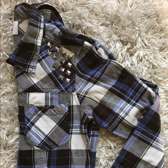 Fox Tops - Fox |  Studded Blue Black and White Plaid Shirt